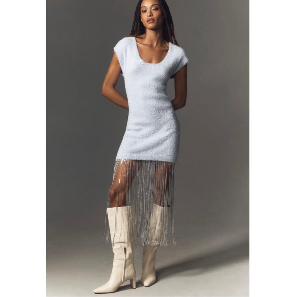 Anthropologie Fringe-Trim Sweater Dress Blue Size M